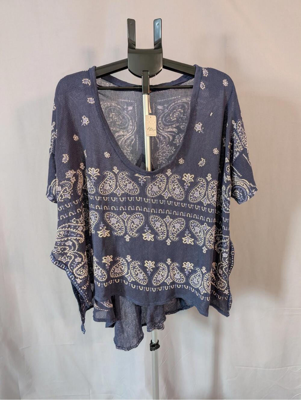 Free People No Matter What Paisley Top XS Navy Blue NWT Boho Oversized